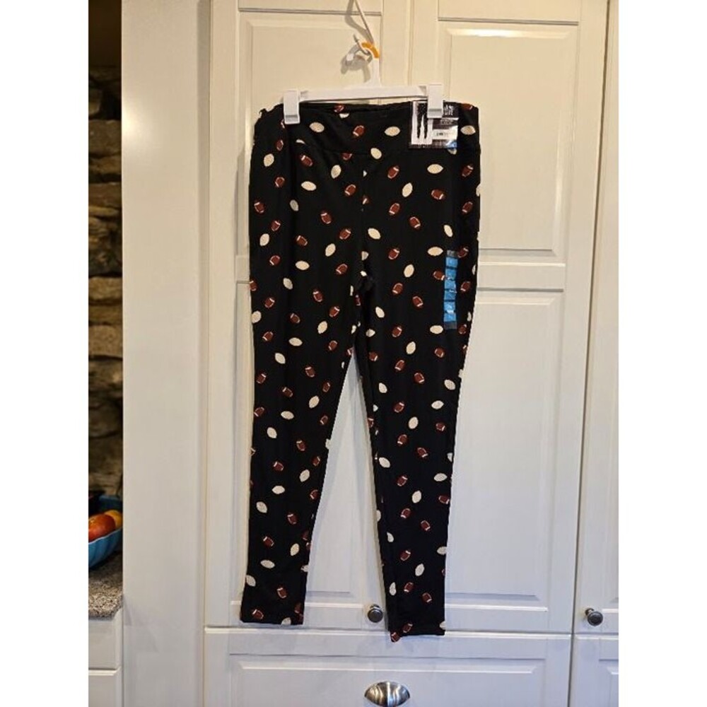 Feeling Festive Black Football Print Athletic Leggings - Womens XL - NEW